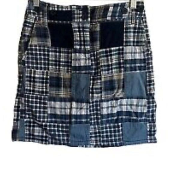 LOFT Patchwork Skirt Women Sz 12 Blue Madras Lined Zipper Button Pockets Preppy - Picture 2 of 10